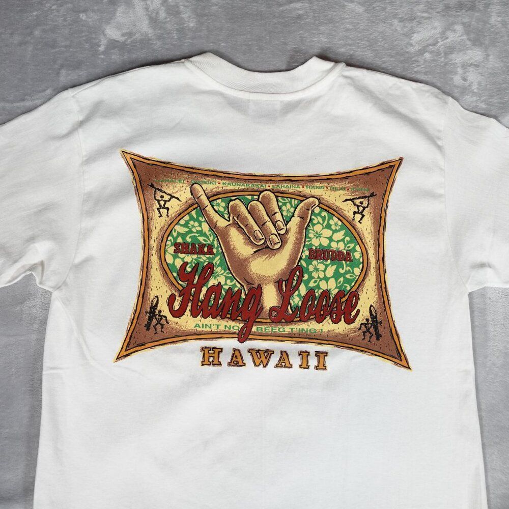 Vintage Hang Loose Shaka Brudda Hawaii T Shirt Mens L Slim Fit White 90s